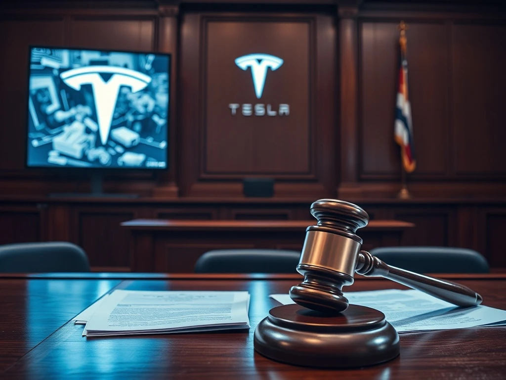 Tesla Autopilot legal battle in courtroom setting with judge and attorneys