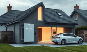 Tesla Powerwall and electric vehicle charging at a UK home, symbolizing Tesla electricity UK market entry and sustainable energy solutions.