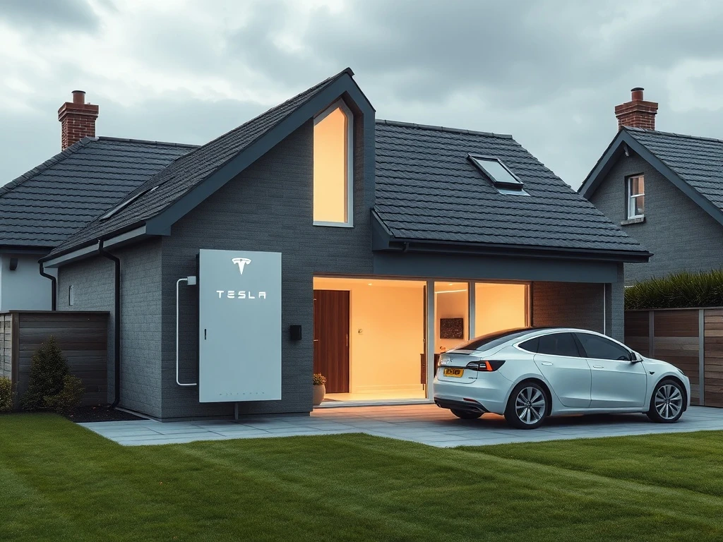 Tesla Powerwall and electric vehicle charging at a UK home, symbolizing Tesla electricity UK market entry and sustainable energy solutions.