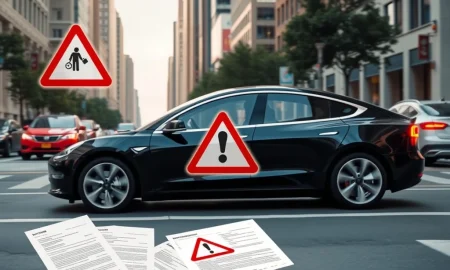 Tesla Full Self Driving system under regulatory investigation with warning indicators visible on dashboard display