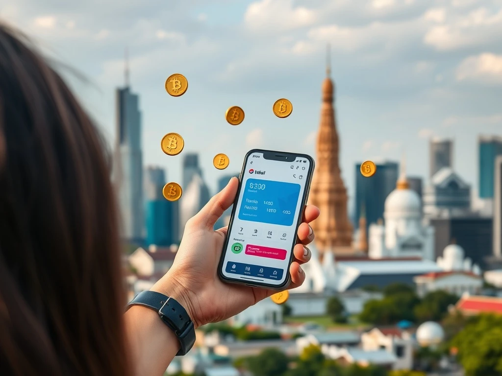 A tourist using a smartphone for Thailand crypto payments, with a bustling Thai market in the background, symbolizing ease of digital transactions.
