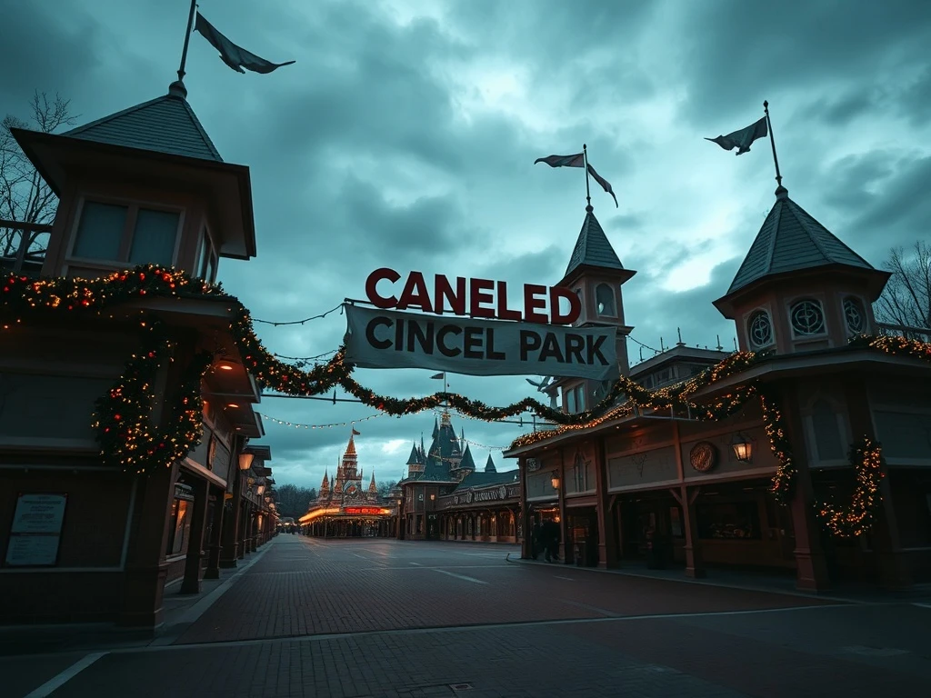 The empty entrance of a major theme park, symbolizing the significant financial impact of a Theme Park Event Cancellation on the holiday economy.