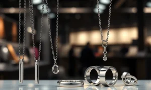 Elegant display of diverse titanium jewelry, showcasing its modern appeal and strength in the fashion industry.