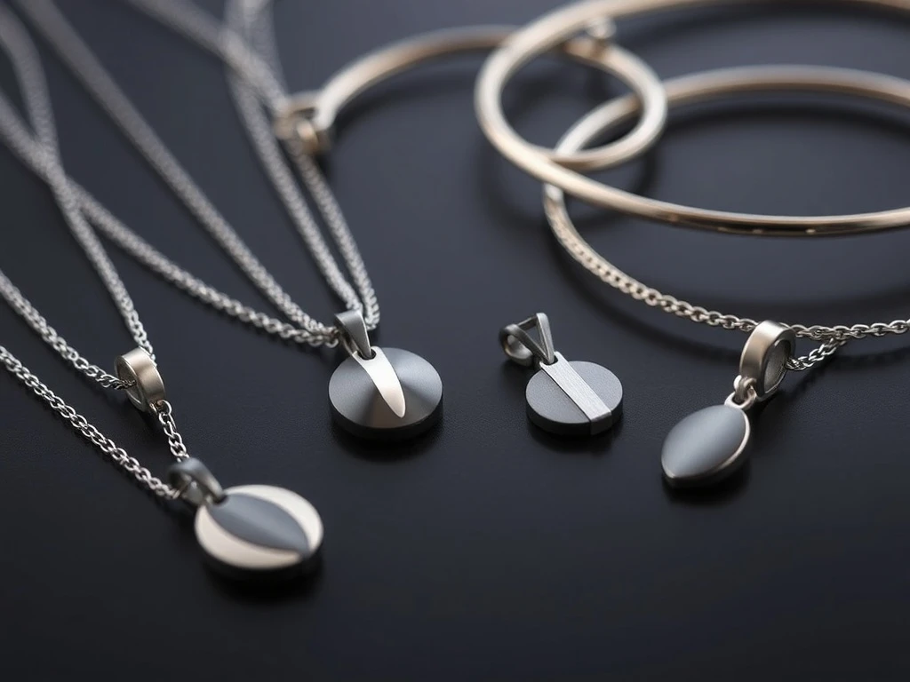Close-up of elegant titanium jewelry, showcasing a sleek pendant and a modern bracelet, symbolizing durability and contemporary style.