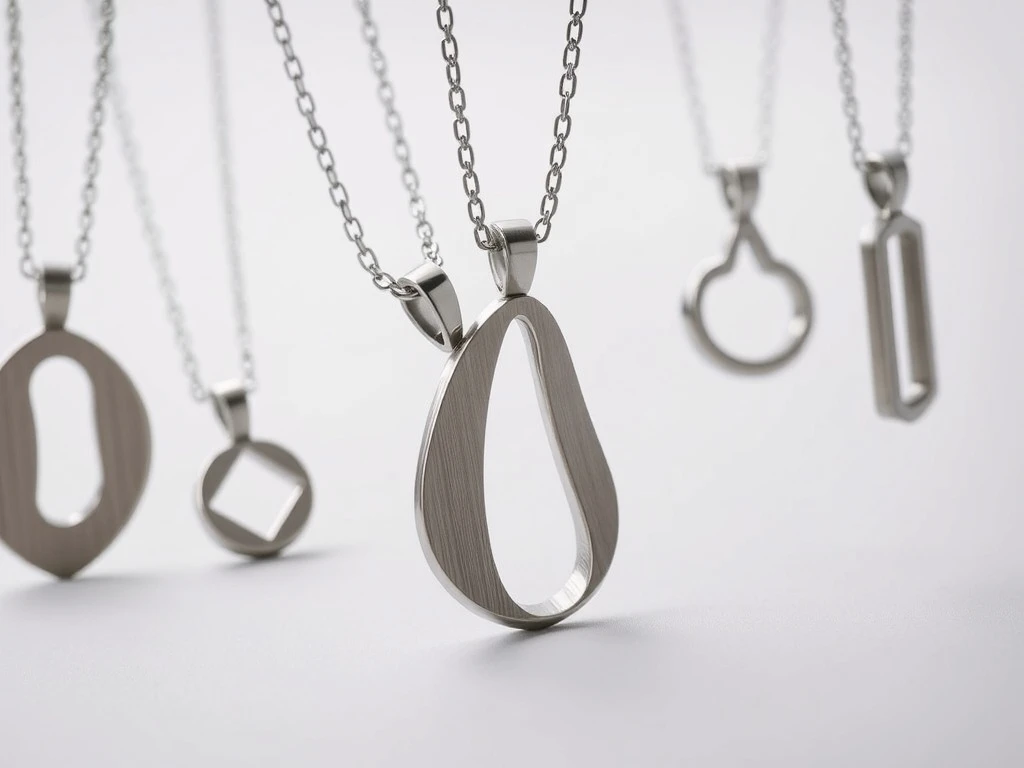 A collection of sleek, modern Titanium Pendants and necklaces displayed on a minimalist background, highlighting their elegant design and durable material.