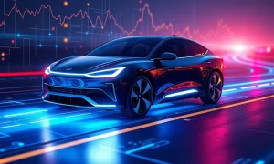 Futuristic vehicle symbolizing new tokenized car investment opportunities and the digital future of automotive ownership.