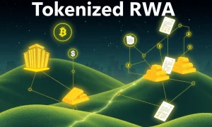 A digital graphic illustrating various real-world assets being tokenized on a blockchain, representing the significant growth of **Tokenized RWA**.