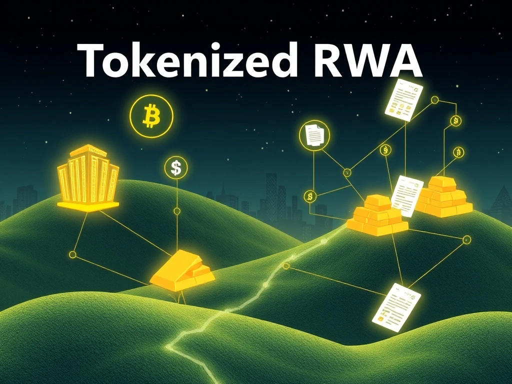 A digital graphic illustrating various real-world assets being tokenized on a blockchain, representing the significant growth of **Tokenized RWA**.