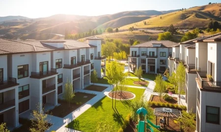 An aerial view of the upcoming Toll Brothers Milpitas luxury townhome community, showcasing its modern design and green spaces.