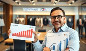 Business executive presenting clothing industry comeback strategy with growth charts and fashion displays
