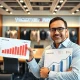 Business executive presenting clothing industry comeback strategy with growth charts and fashion displays