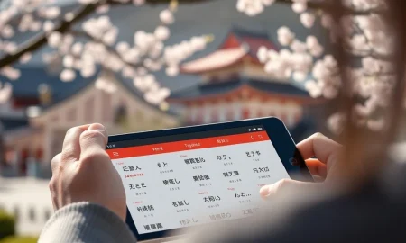 A close-up of a smartphone displaying a Japanese learning app, symbolizing effective Japanese learning apps for achieving fluency.