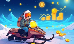 Arctic explorer discovering meme coin tokens with massive growth potential in frozen blockchain landscape