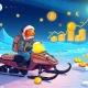 Arctic explorer discovering meme coin tokens with massive growth potential in frozen blockchain landscape