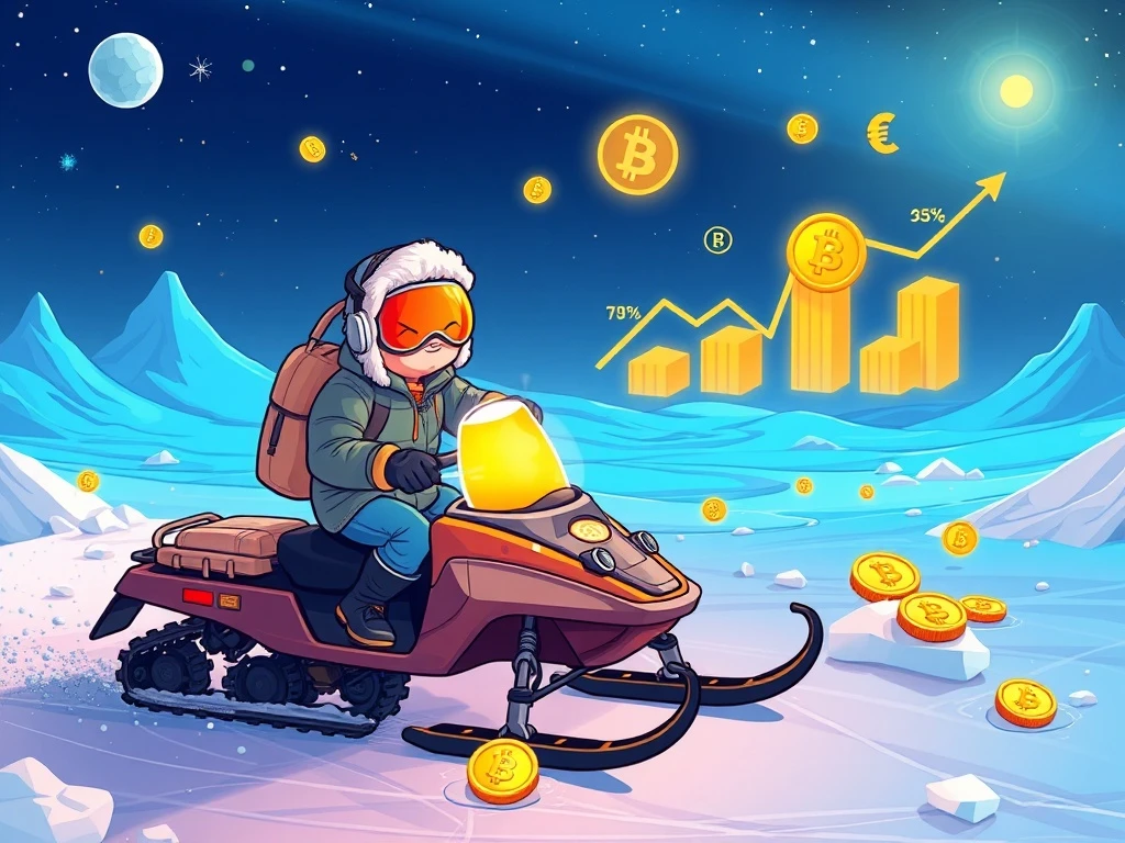 Arctic explorer discovering meme coin tokens with massive growth potential in frozen blockchain landscape