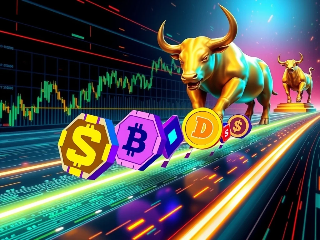 A visual representation of various digital assets, including BlockDAG, SEI, Polkadot, and Dogecoin, competing for dominance as top performing crypto in a bullish market.