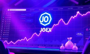 A visual representation of the Trader Joe DEX platform with upward trendlines, symbolizing the growth and viral resurgence of the JOE token.