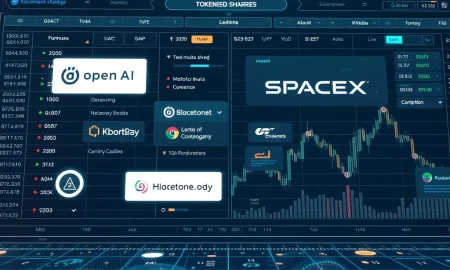 A visual representation of **trading private shares** of high-growth companies like OpenAI and SpaceX on a blockchain-powered platform.