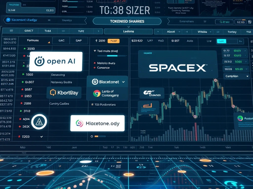 A visual representation of **trading private shares** of high-growth companies like OpenAI and SpaceX on a blockchain-powered platform.