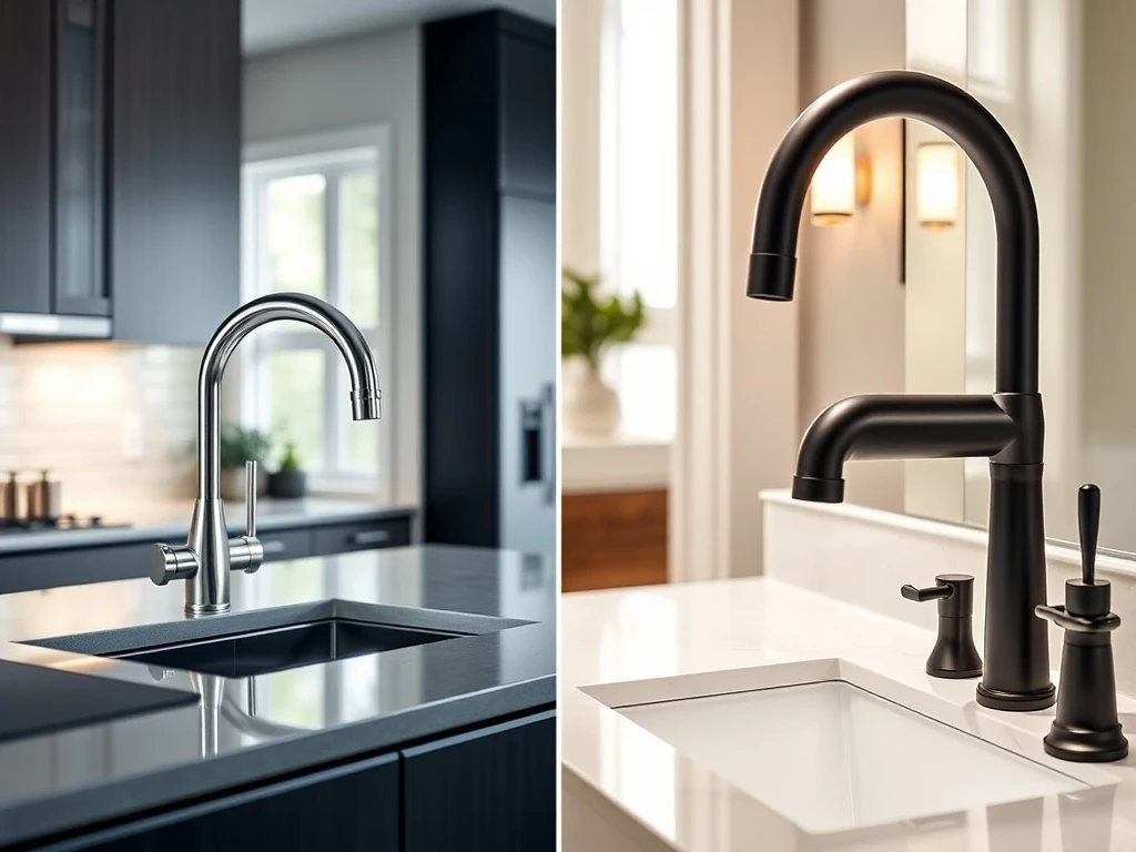 A sleek kitchen faucet and elegant bathroom faucet showcasing modern home faucets for improved functionality and style.