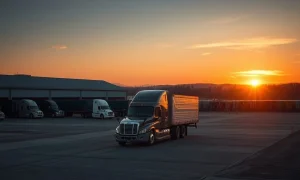 An empty truck depot at sunset symbolizes a significant trucking company closure, highlighting broader industry challenges.