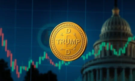 Digital depiction of a Trump Coin ETF, symbolizing its integration into traditional finance and the evolving cryptocurrency investment landscape.