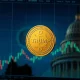 Digital depiction of a Trump Coin ETF, symbolizing its integration into traditional finance and the evolving cryptocurrency investment landscape.