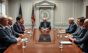 Crypto-friendly Fed chair candidates discussing monetary policy with Bitcoin symbolism in background