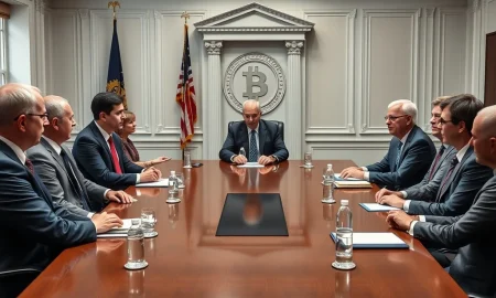 Crypto-friendly Fed chair candidates discussing monetary policy with Bitcoin symbolism in background