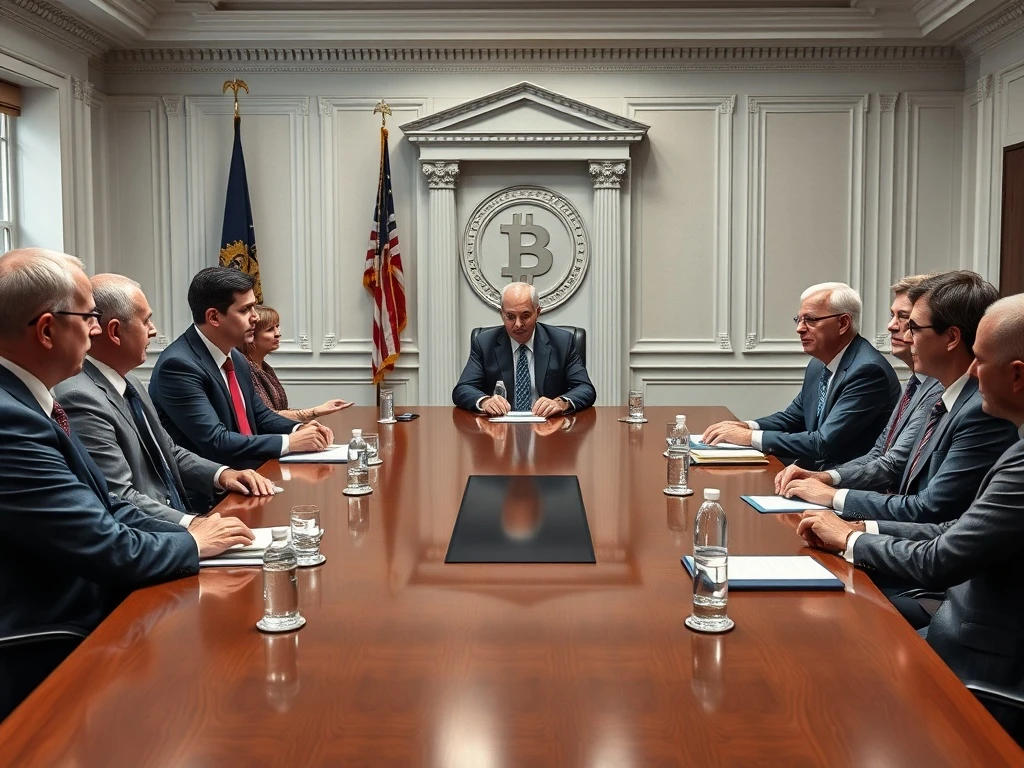 Crypto-friendly Fed chair candidates discussing monetary policy with Bitcoin symbolism in background