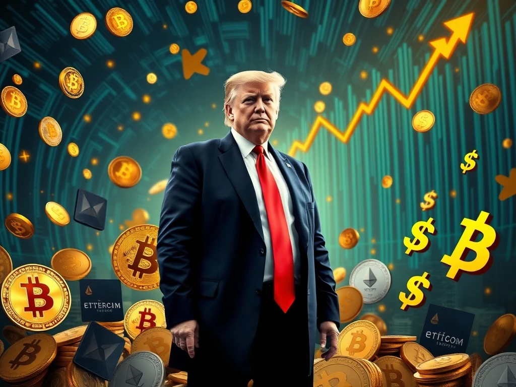 An illustration depicting Donald Trump with cryptocurrency symbols, representing his significant Trump crypto ventures and financial gains.
