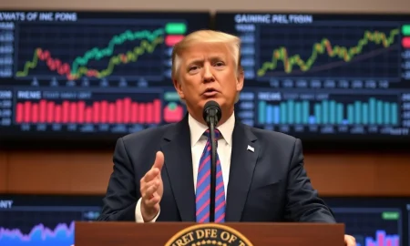 Trump economic strategy presentation with market data visualization