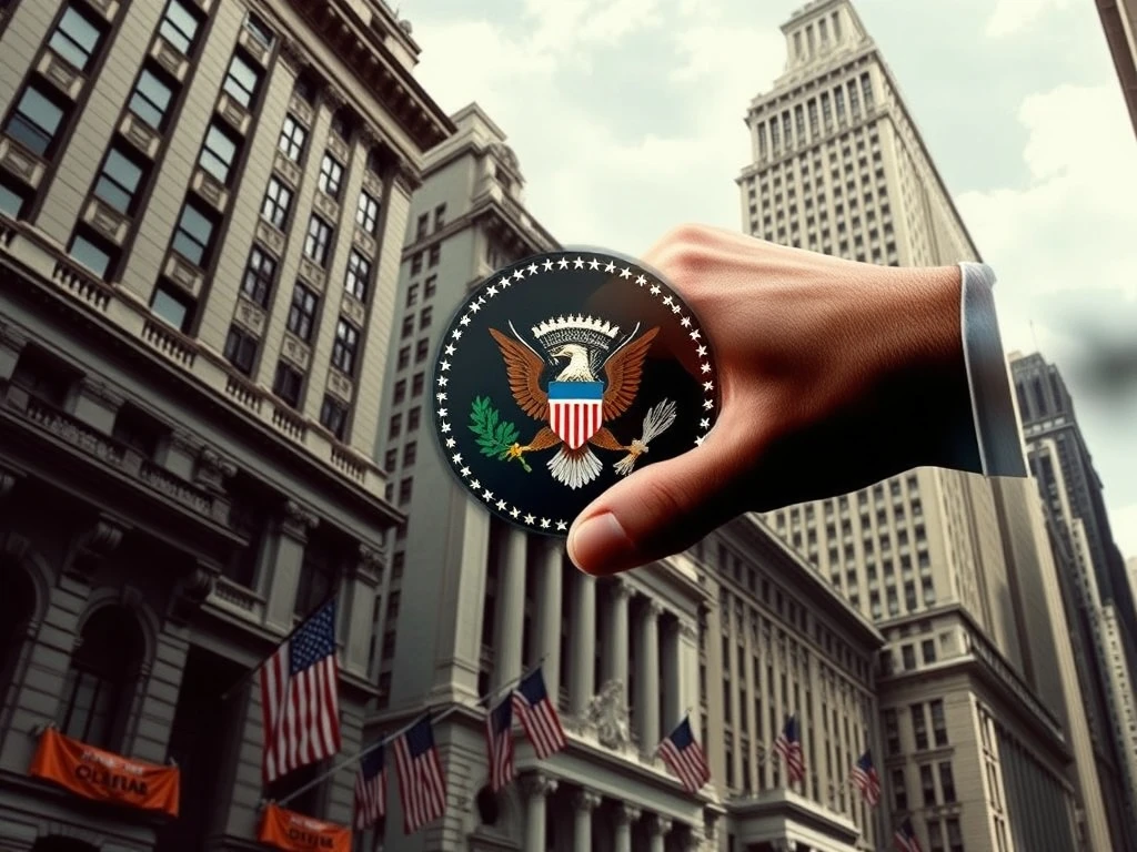 An illustration of Wall Street with a news headline about the Trump Fannie Freddie decision, symbolizing significant financial market impact.