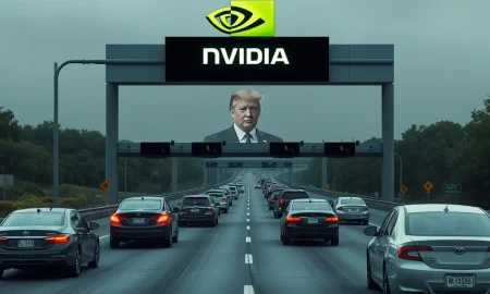A symbolic toll booth featuring the Trump Nvidia Deal, illustrating a new 'pay-to-play' dynamic in US business and its impact on investors.