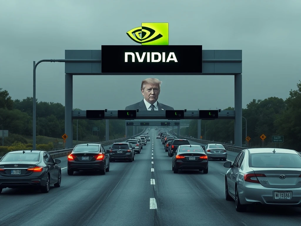 A symbolic toll booth featuring the Trump Nvidia Deal, illustrating a new 'pay-to-play' dynamic in US business and its impact on investors.