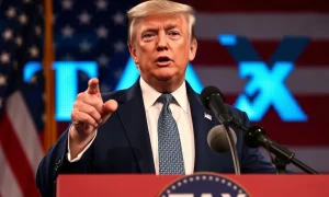 Trump addressing digital taxes retaliation against foreign tech regulations with American flags
