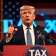 Trump addressing digital taxes retaliation against foreign tech regulations with American flags
