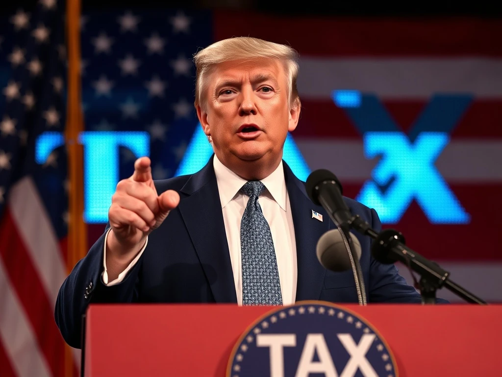 Trump addressing digital taxes retaliation against foreign tech regulations with American flags