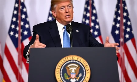 Donald Trump defending his Trump tariffs policy during presidential address about economic security