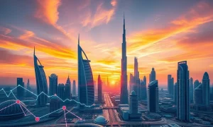 A modern cityscape at sunset, featuring digital overlays of blockchain and crypto symbols, illustrating the rapid growth of the UAE crypto sector.