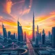A modern cityscape at sunset, featuring digital overlays of blockchain and crypto symbols, illustrating the rapid growth of the UAE crypto sector.