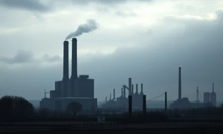 An image depicting the urgent crisis facing the UK bioethanol industry, with a struggling industrial plant under a cloudy sky.