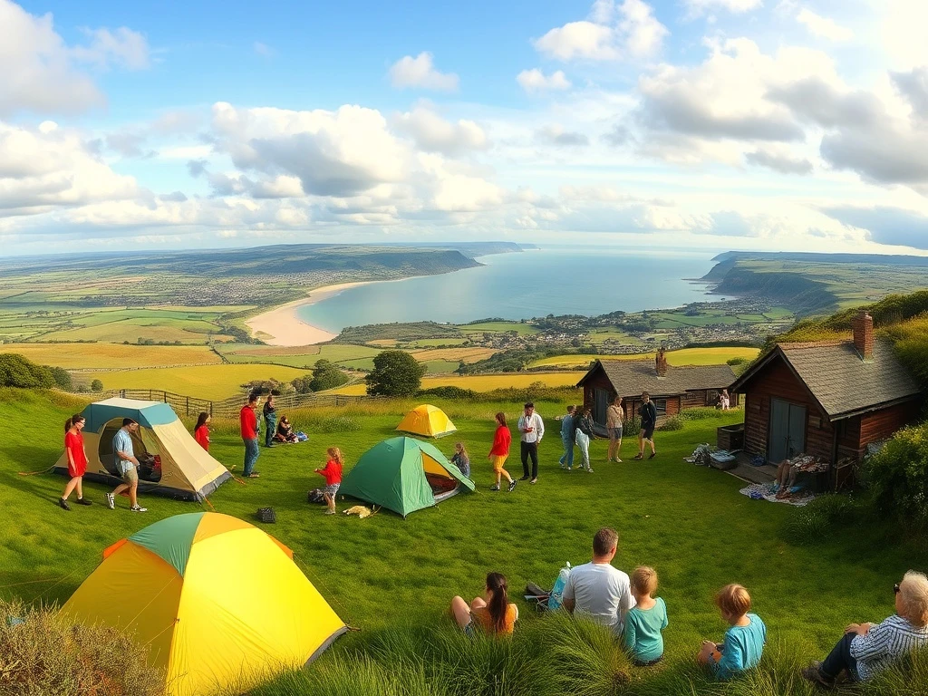 Families and individuals enjoying various affordable and spontaneous UK domestic travel activities like camping and exploring, showcasing the growing trend.