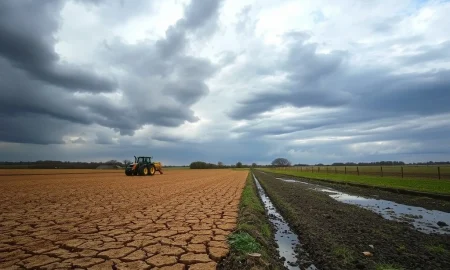 A vast, challenging UK harvest field struggling under a dramatic sky, symbolizing the severe impacts of extreme weather on British agriculture.