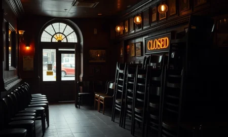UK hospitality crisis showing empty pub with closed sign during operating hours