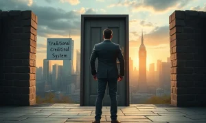 A frustrated entrepreneur facing a locked gate, symbolizing traditional credit scoring blocking funding for UK startups.