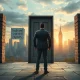 A frustrated entrepreneur facing a locked gate, symbolizing traditional credit scoring blocking funding for UK startups.