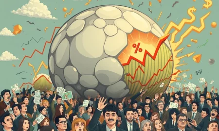 An expanding financial bubble representing market bubbles, with stock charts and anxious investors, illustrating the psychological drivers behind market peaks.