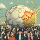 An expanding financial bubble representing market bubbles, with stock charts and anxious investors, illustrating the psychological drivers behind market peaks.