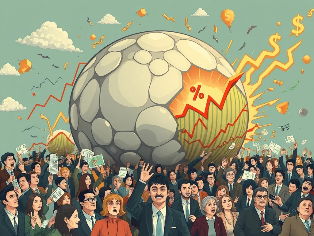 An expanding financial bubble representing market bubbles, with stock charts and anxious investors, illustrating the psychological drivers behind market peaks.